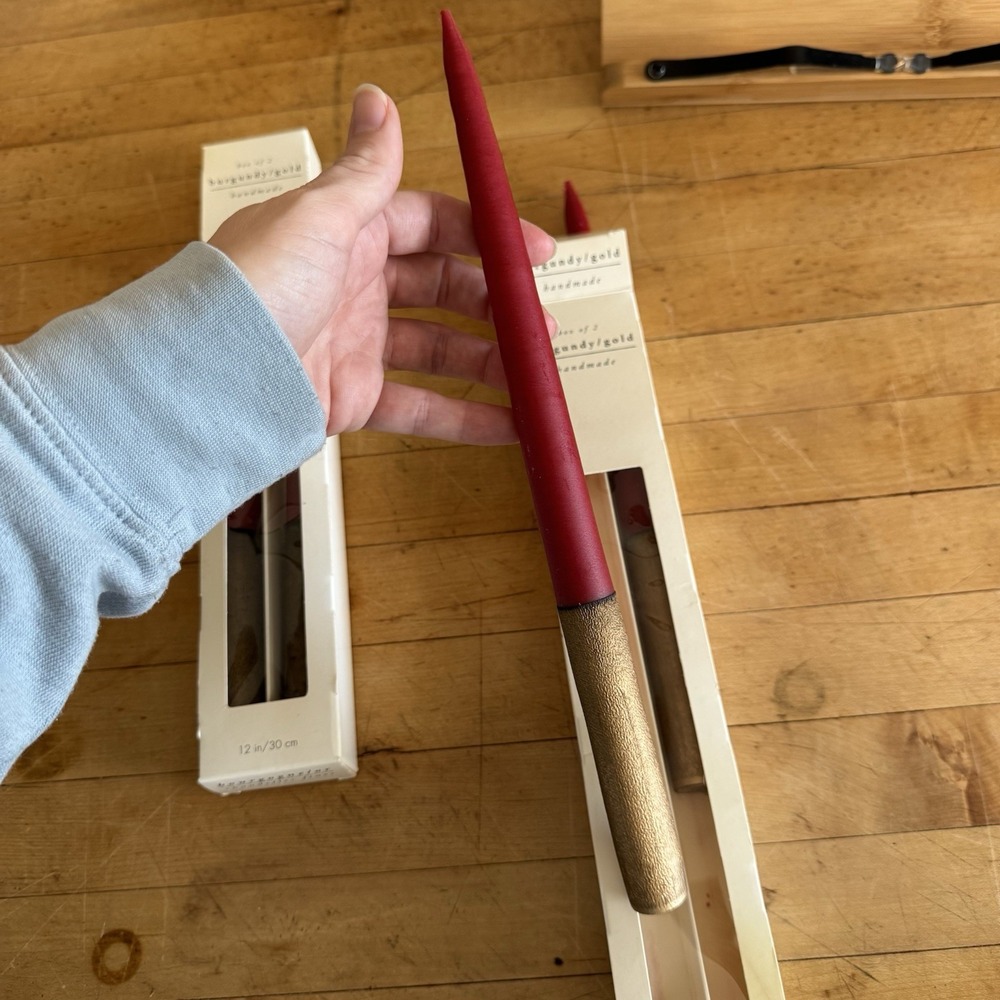 Pier 1 Burgundy Red & Gold Taper Candle Sticks 12" Handmade in Finland NEW Set 4